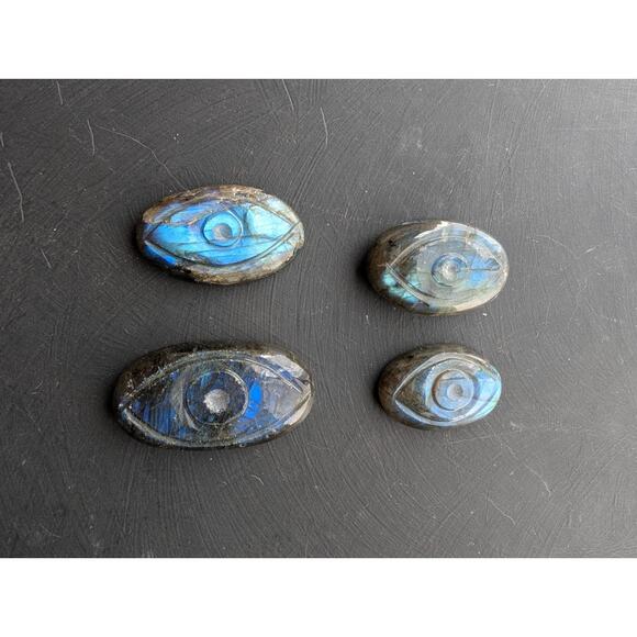 Four EYE Carved Oval Labradorite Gemstones 29x20mm 40x20mm 25x16mm - Picture 3 of 7